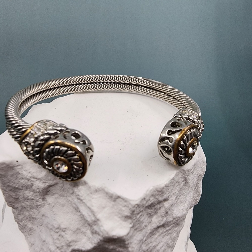 Silver Tone Cable Cuff Bracelet Rhinestone Gold Accent Ornate Open Bangle Boho